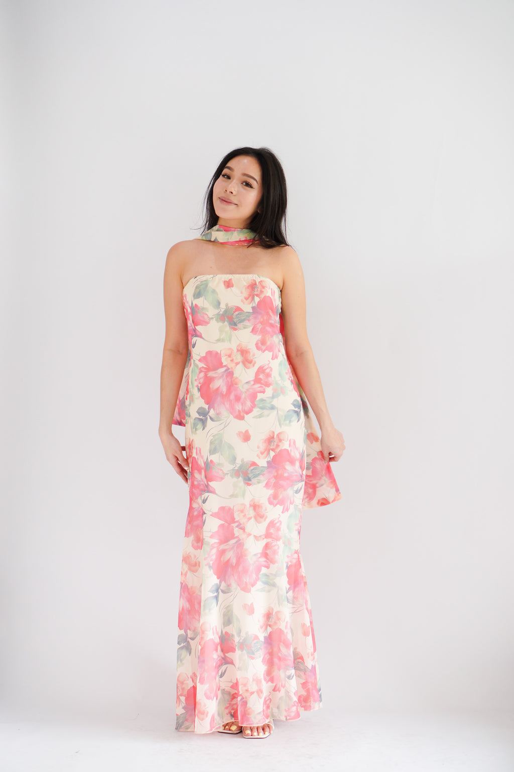 Romee Tube Maxi Dress with Sash in Floral Cream