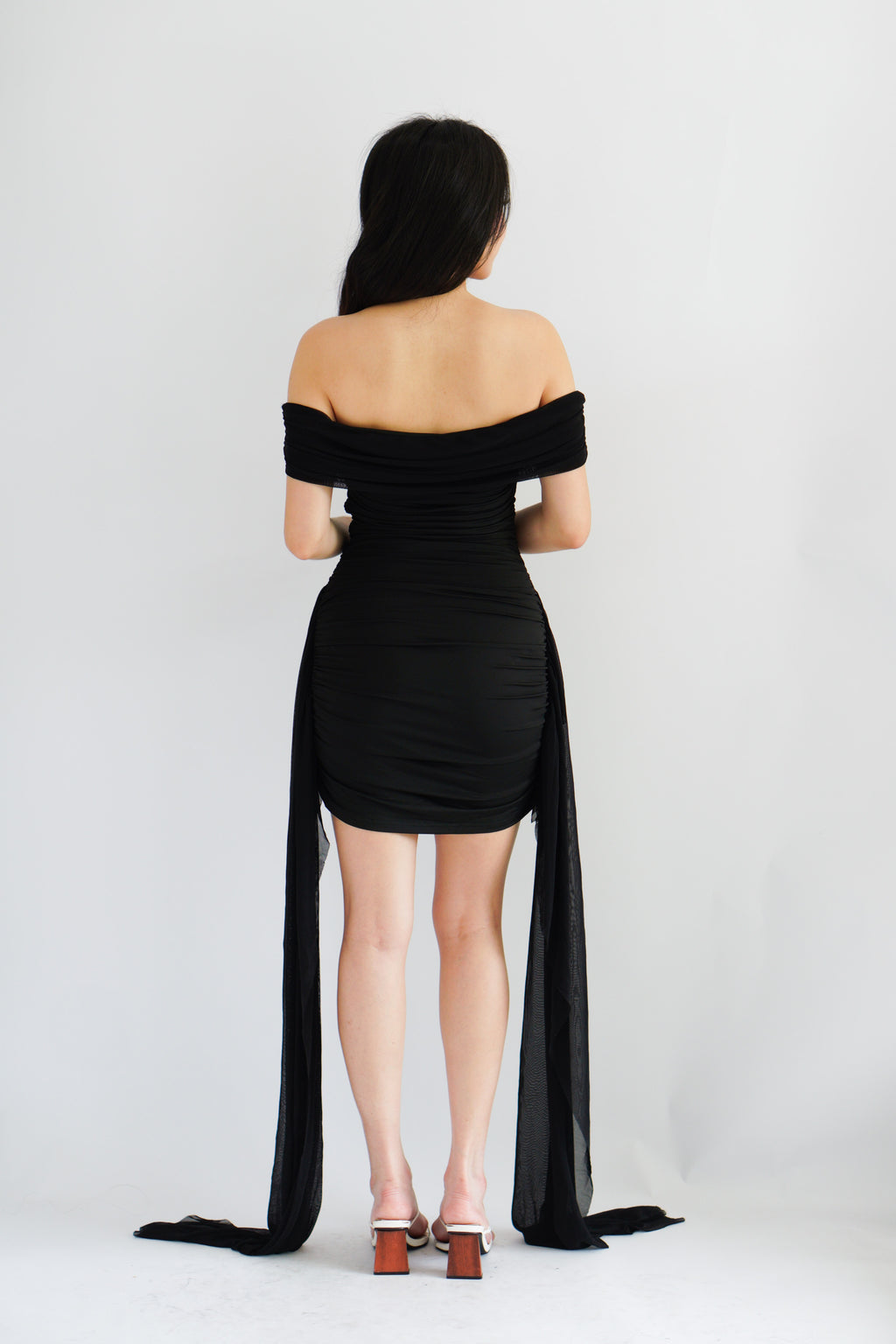 Izabel Off Shoulder Mini Bodycon Dress with Long Sash in Black
