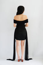 Izabel Off Shoulder Mini Bodycon Dress with Long Sash in Black