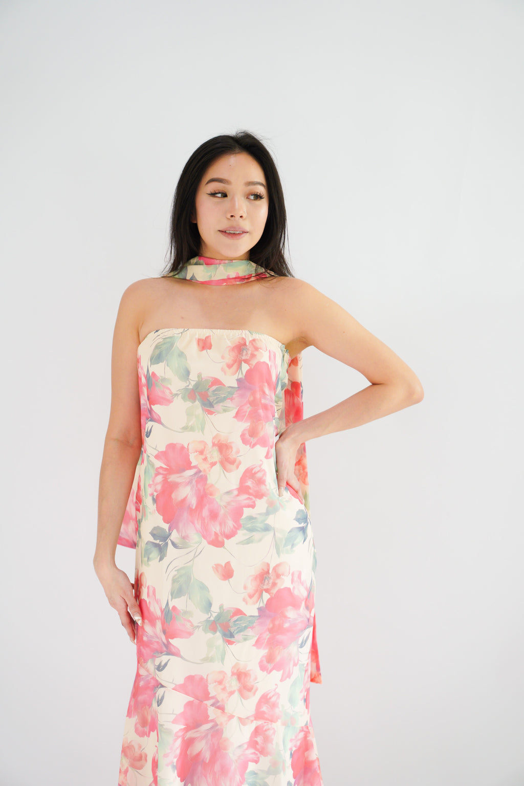 Romee Tube Maxi Dress with Sash in Floral Cream