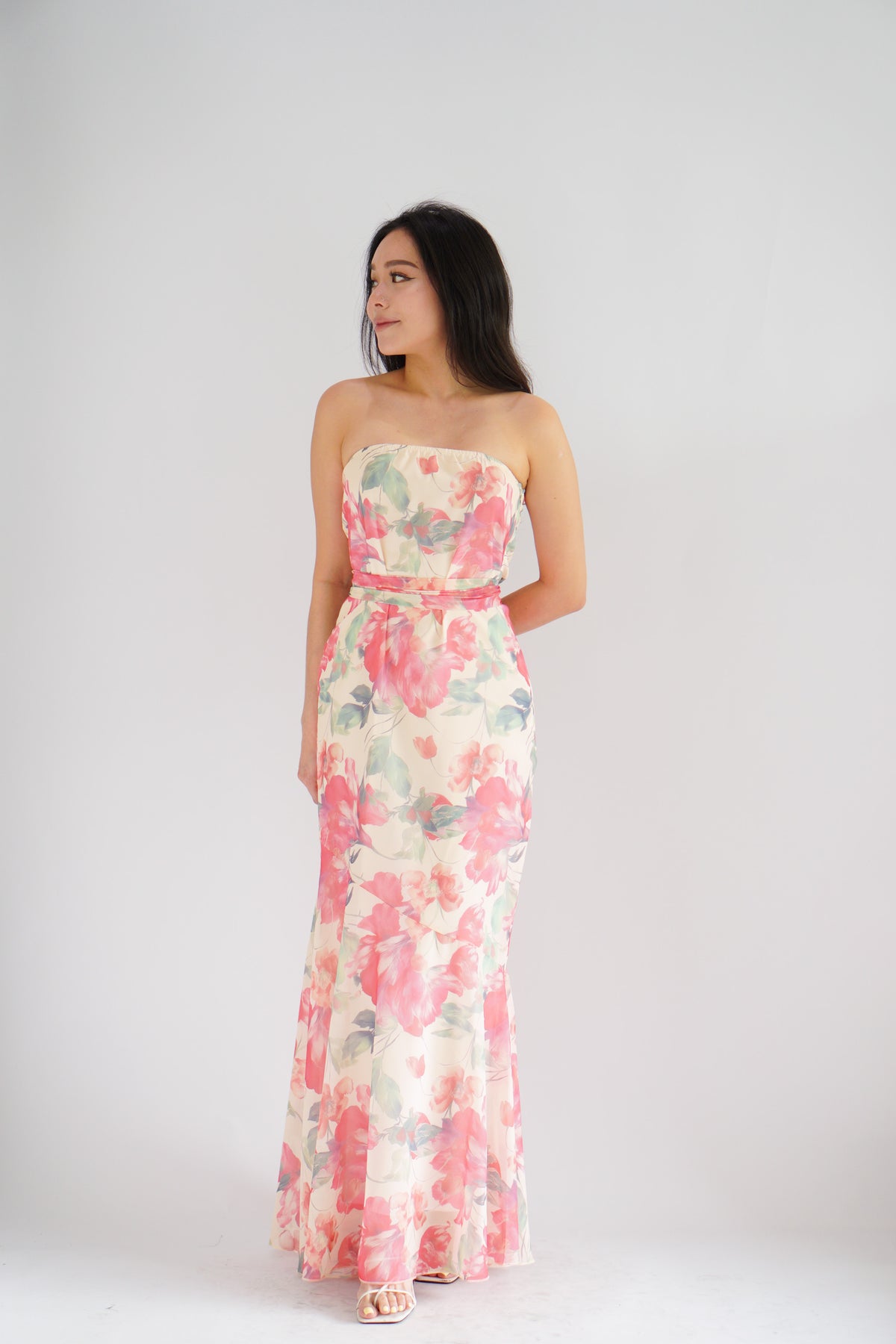 Romee Tube Maxi Dress with Sash in Floral Cream