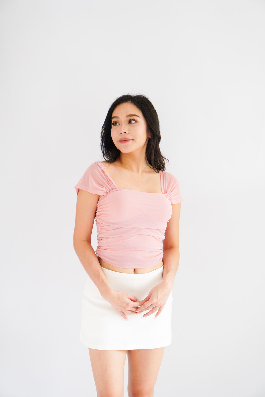 (BACKORDER) Velisse Mesh Ruched Crop Top in Pink