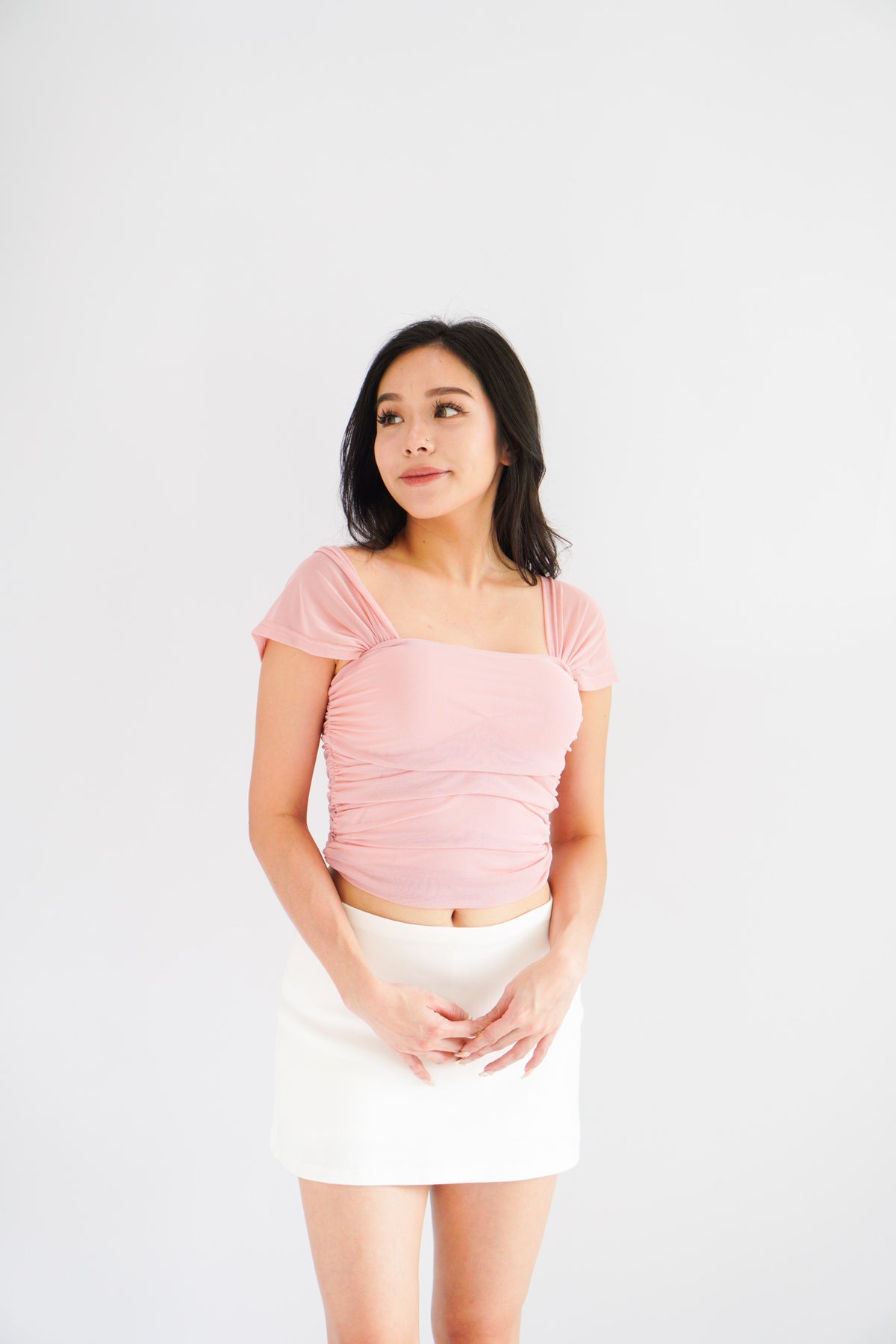 (BACKORDER) Velisse Mesh Ruched Crop Top in Pink