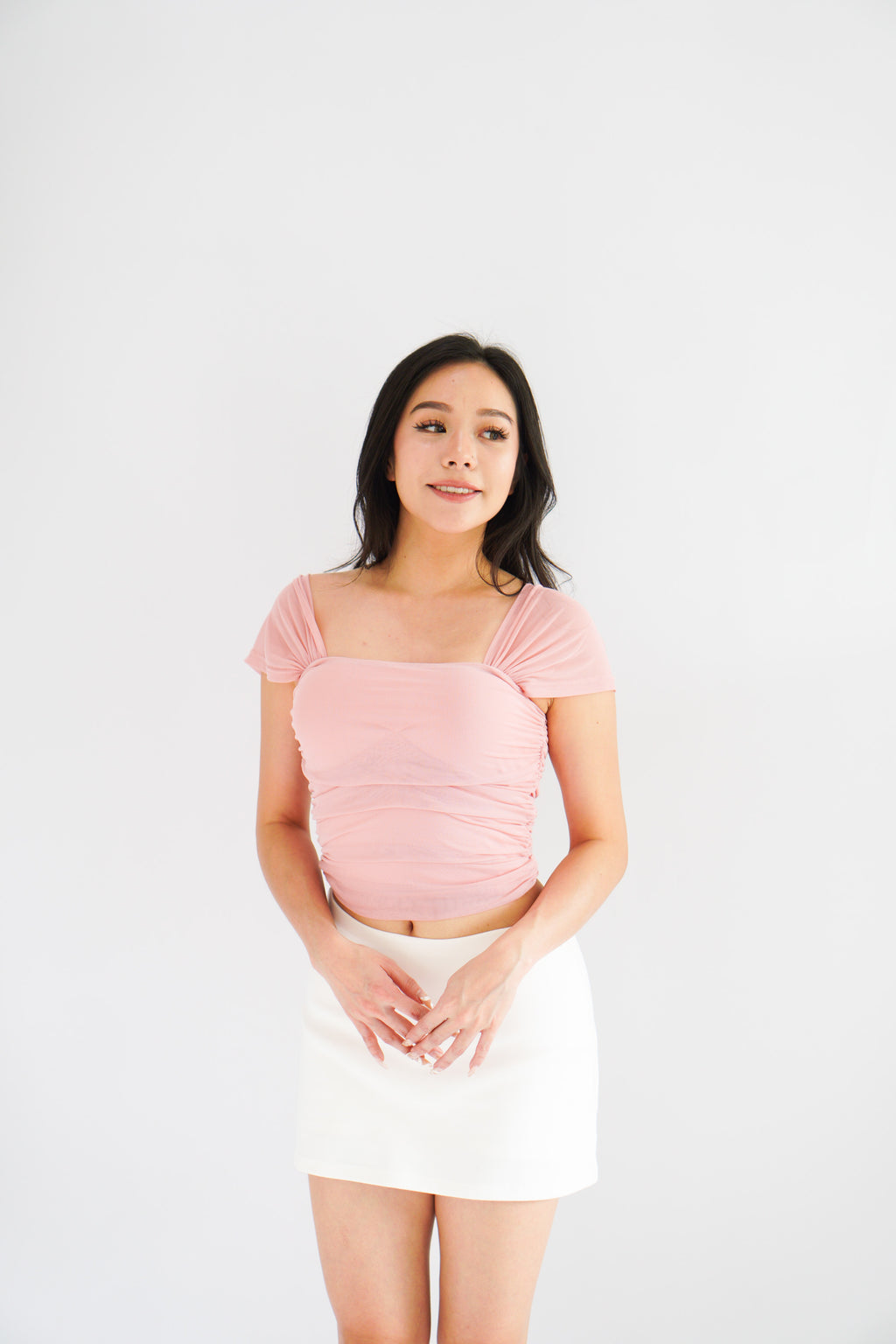 (BACKORDER) Velisse Mesh Ruched Crop Top in Pink