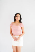 (BACKORDER) Velisse Mesh Ruched Crop Top in Pink