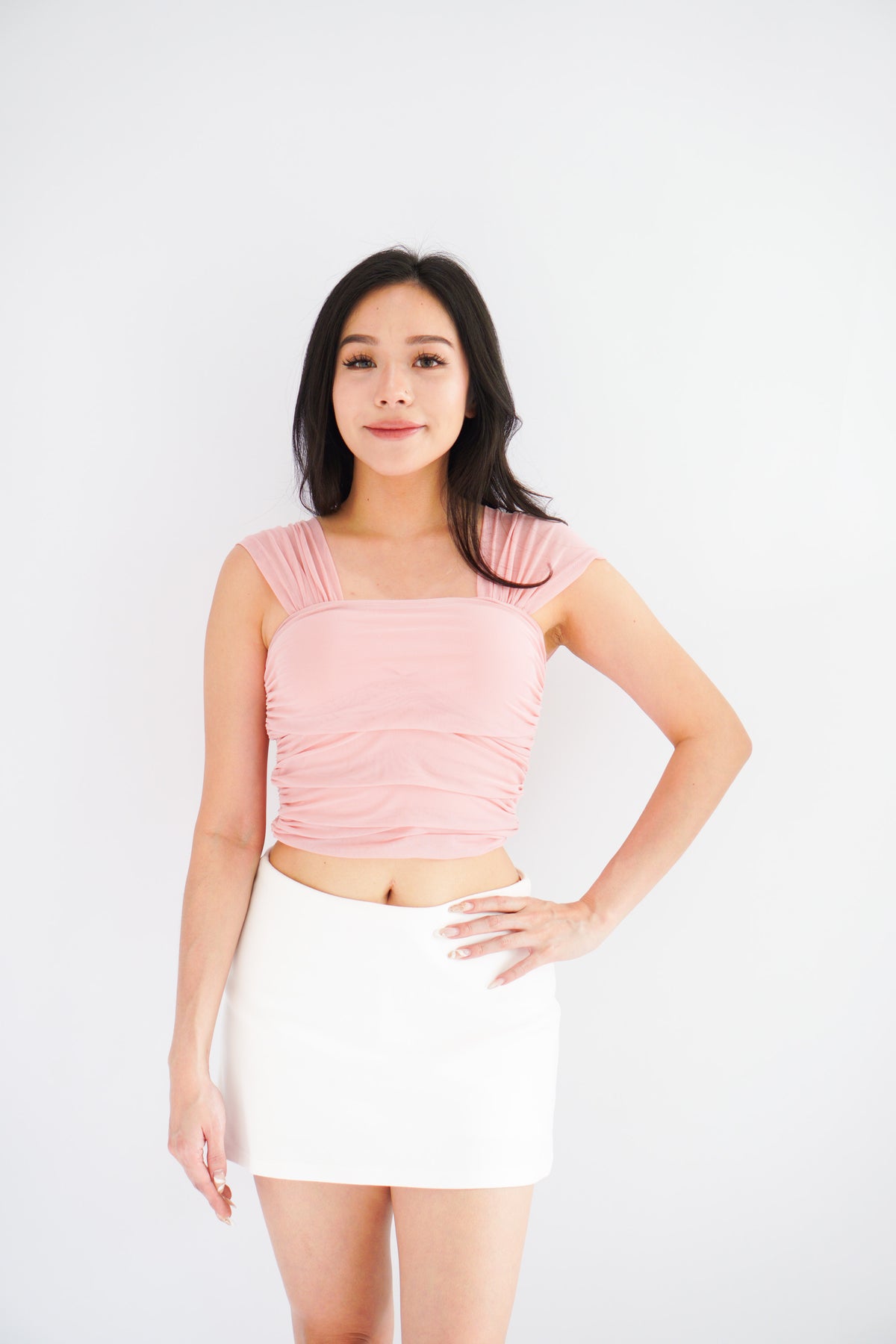 (BACKORDER) Velisse Mesh Ruched Crop Top in Pink