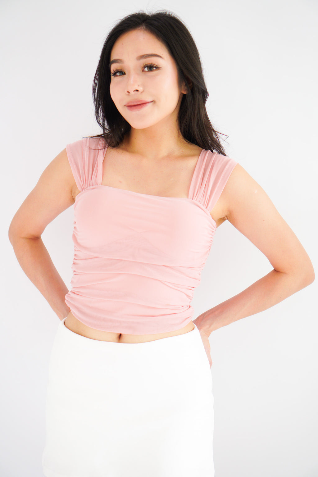 (BACKORDER) Velisse Mesh Ruched Crop Top in Pink