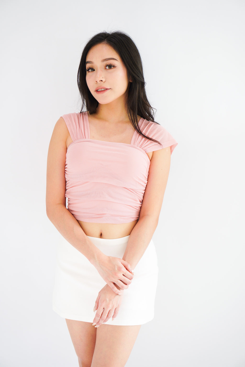 (BACKORDER) Velisse Mesh Ruched Crop Top in Pink