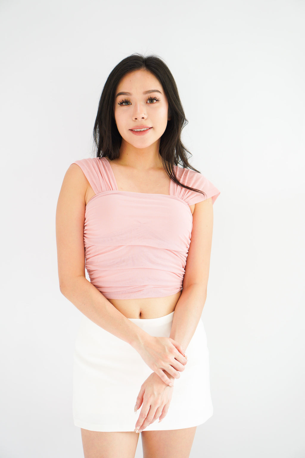 (BACKORDER) Velisse Mesh Ruched Crop Top in Pink