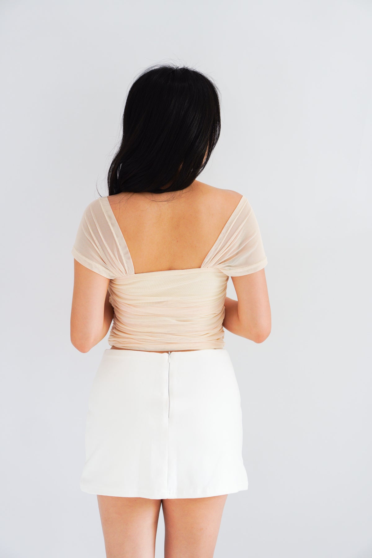 (BACKORDER) Velisse Mesh Ruched Crop Top in Pink