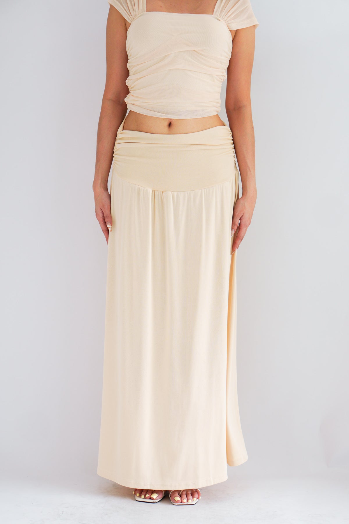 Everlia Ruched Maxi Skirt in Beige