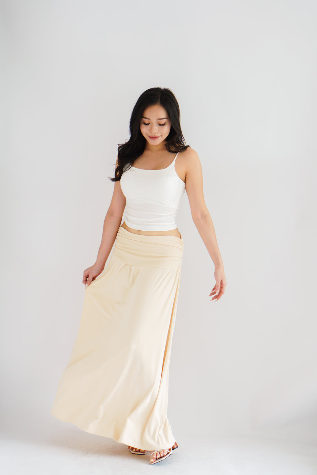 Everlia Ruched Maxi Skirt in Beige
