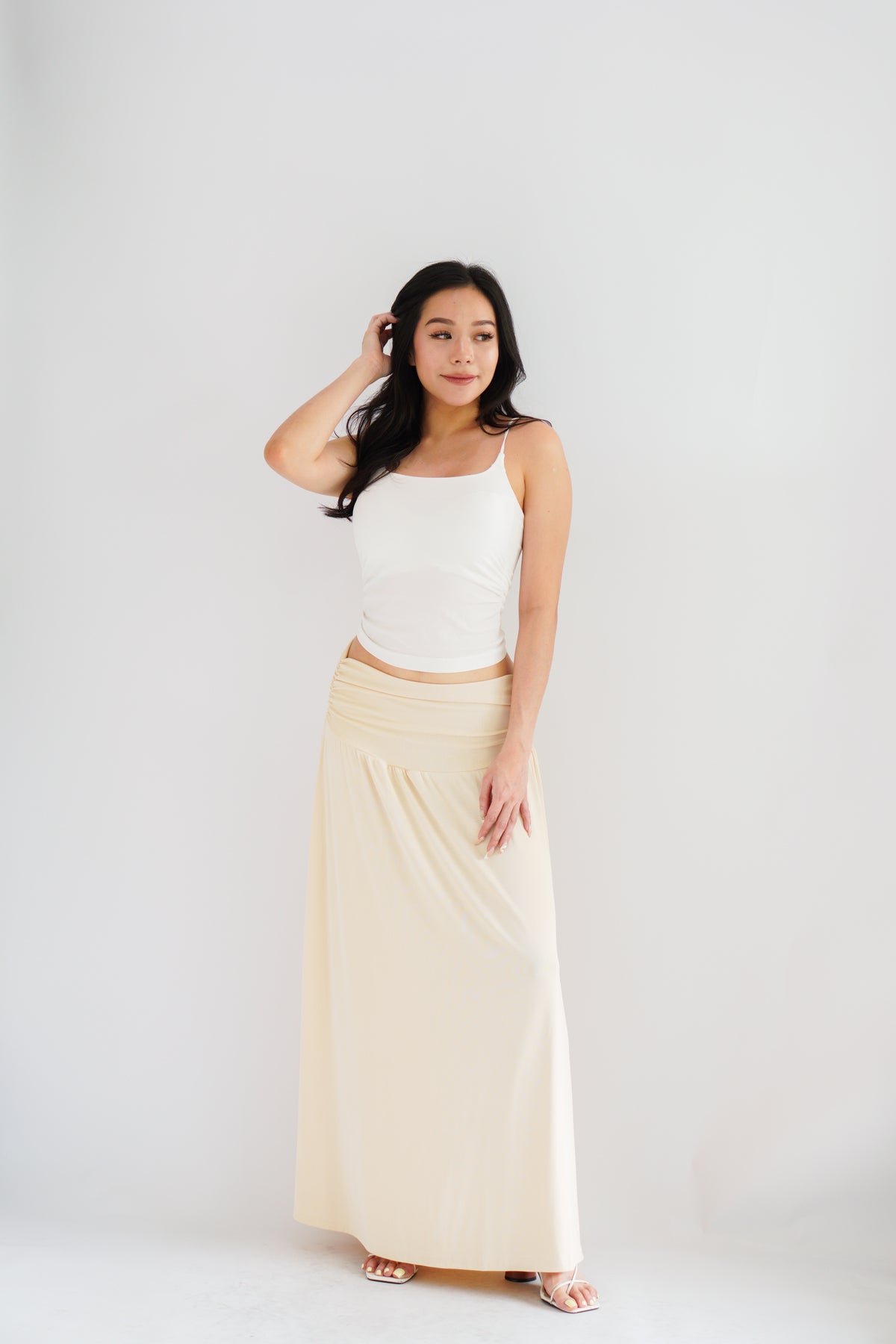 Everlia Ruched Maxi Skirt in Beige