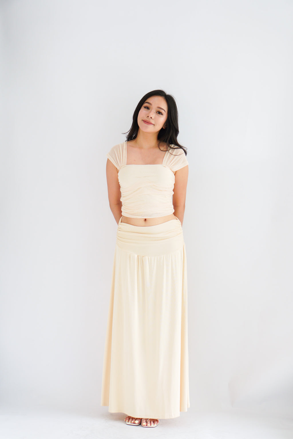 Everlia Ruched Maxi Skirt in Beige