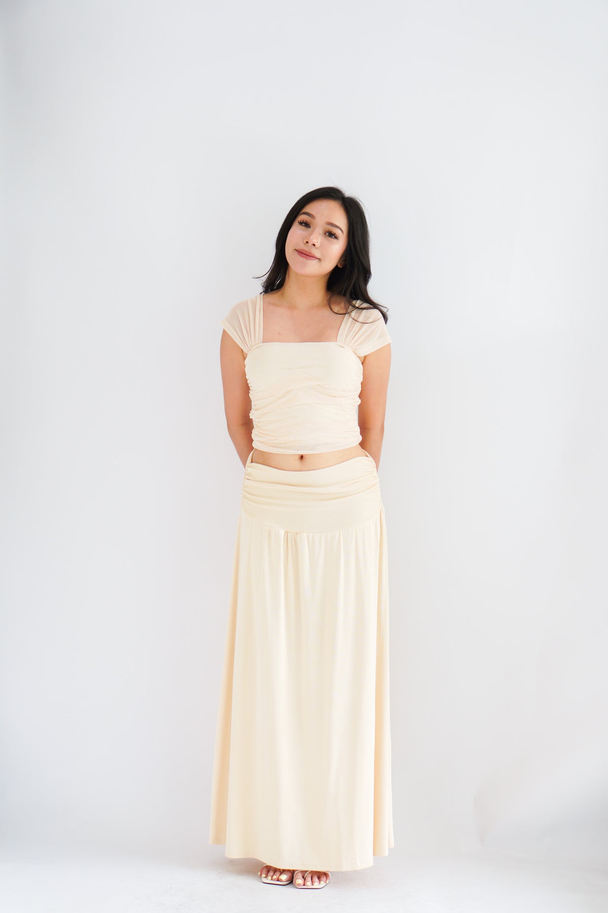 Everlia Ruched Maxi Skirt in Beige