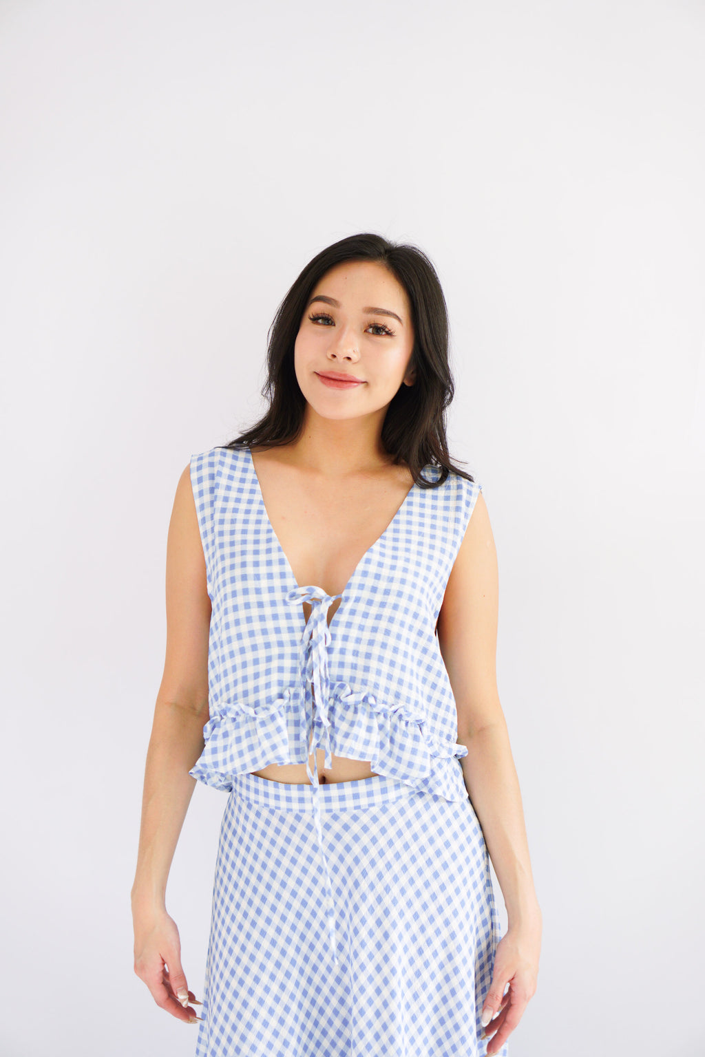 Meadow Gingham Deep V Top in Blue