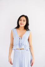 Meadow Gingham Deep V Top in Blue