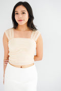 Velisse Mesh Ruched Crop Top in Beige Yellow