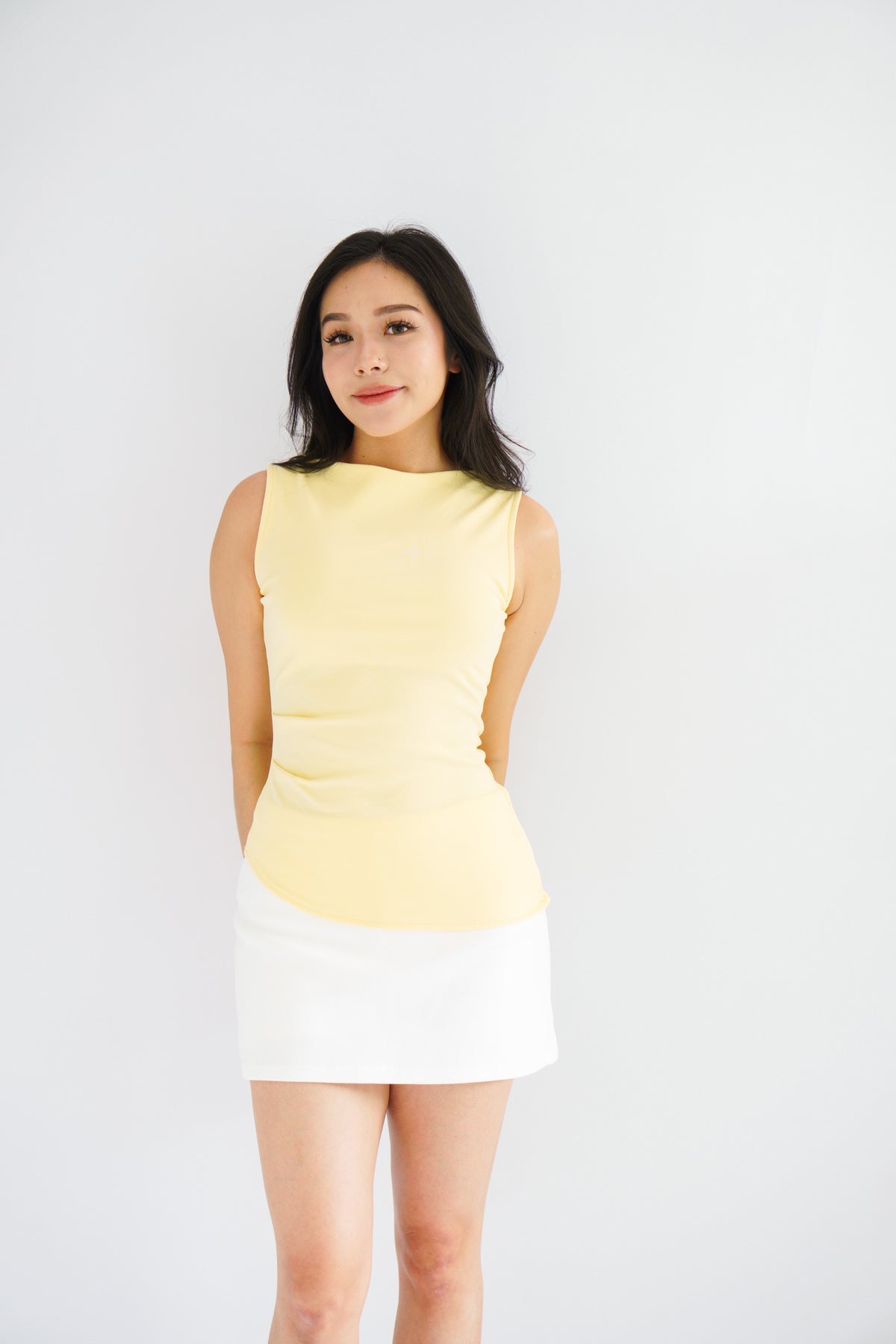 Soleil Basic High Neck Ruched Waist Top in Light Yellow