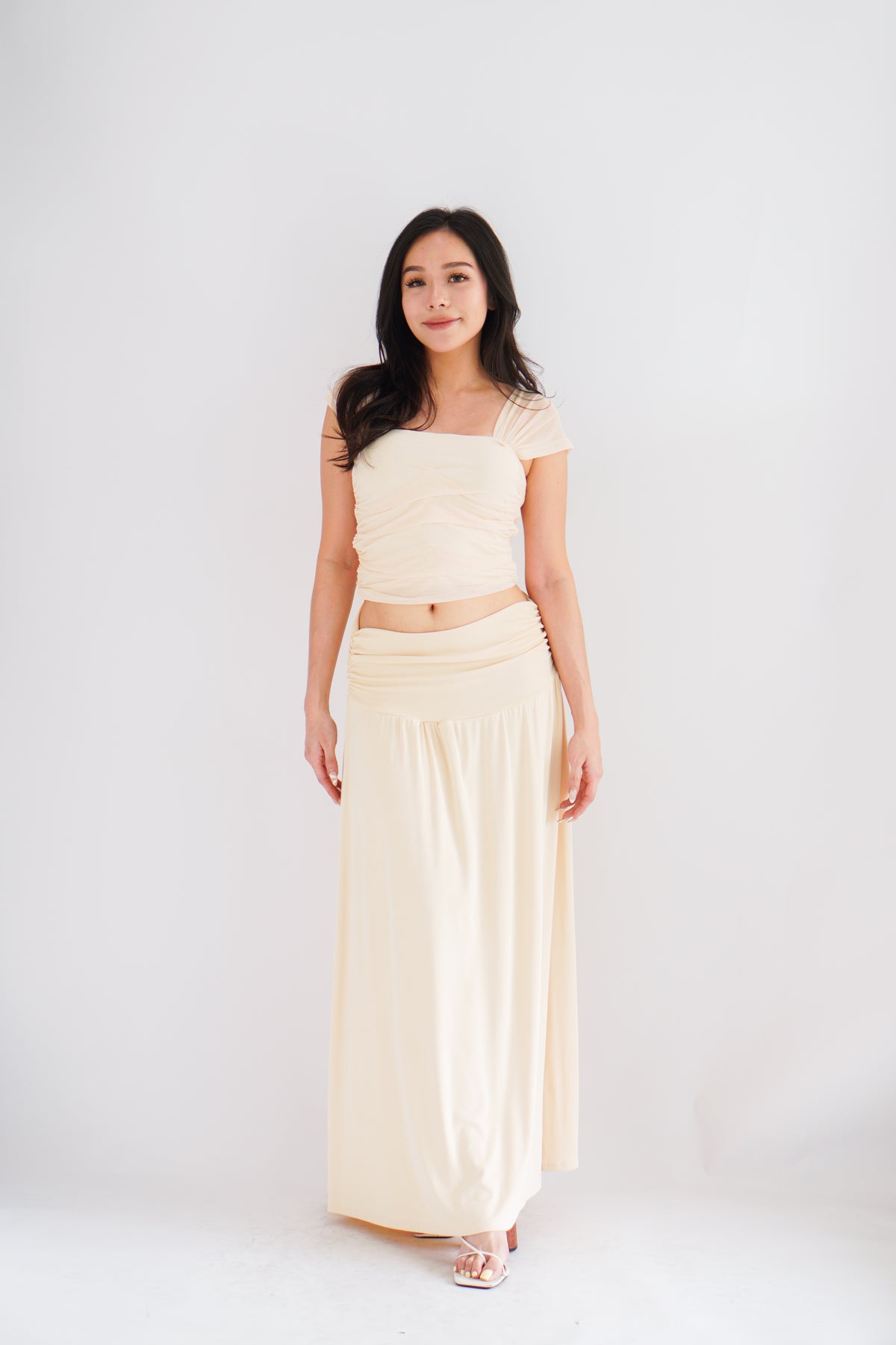 Velisse Mesh Ruched Crop Top in Beige Yellow