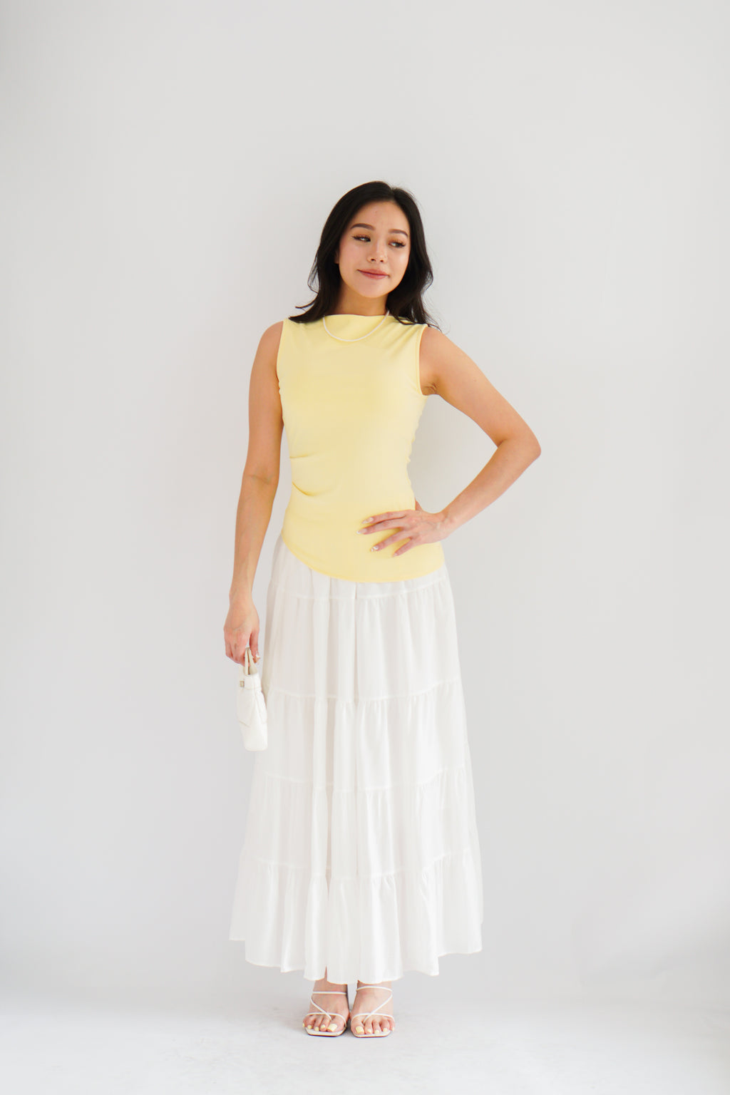 Soleil Basic High Neck Ruched Waist Top in Light Yellow