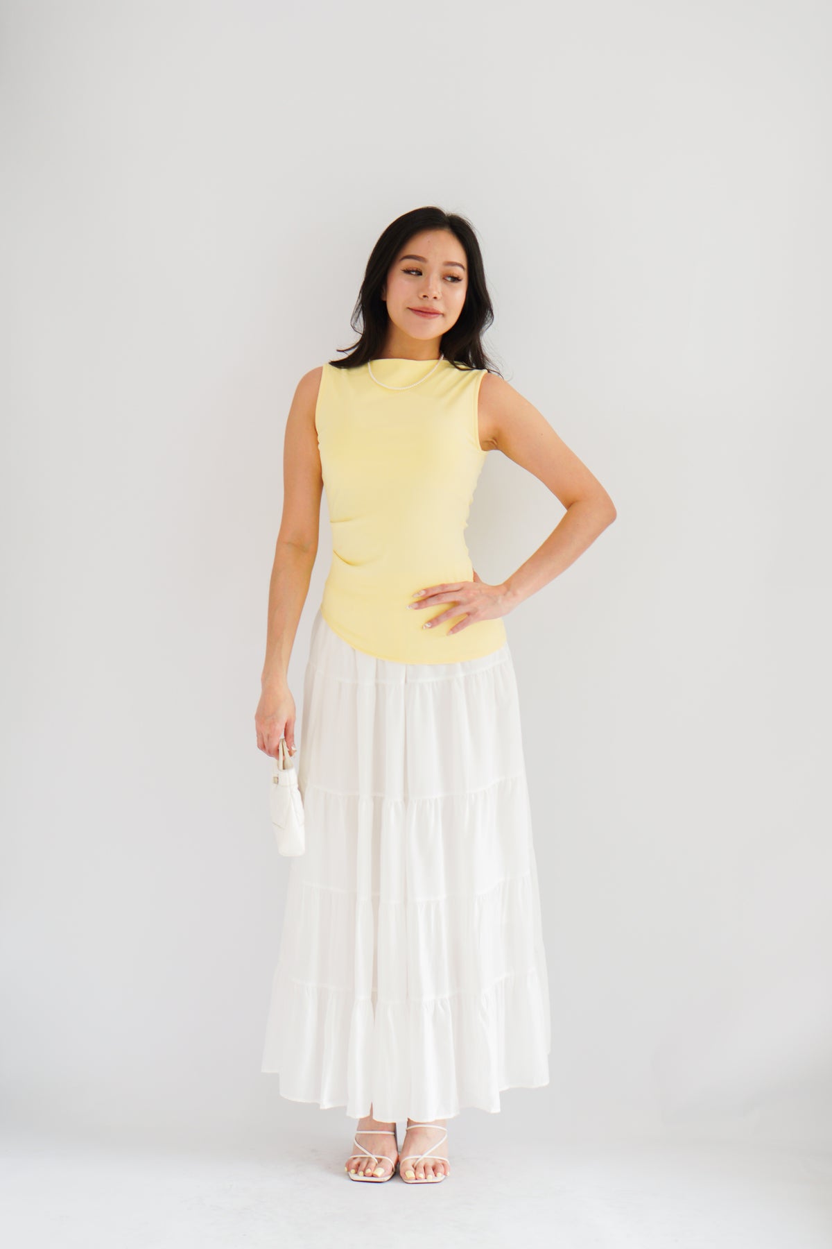 Soleil Basic High Neck Ruched Waist Top in Light Yellow
