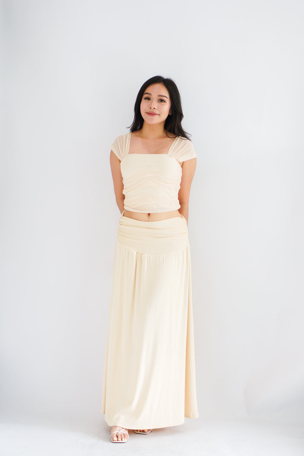 Velisse Mesh Ruched Crop Top in Beige Yellow