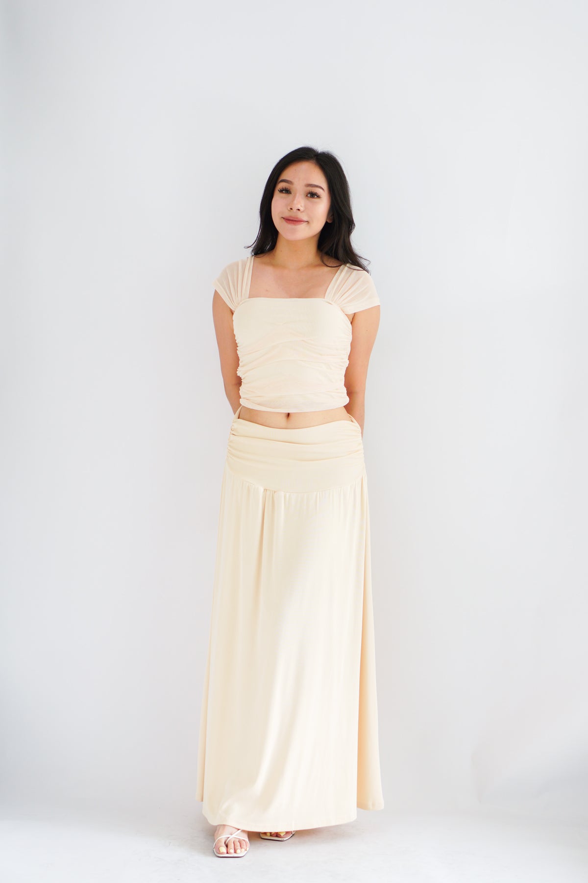 Velisse Mesh Ruched Crop Top in Beige Yellow