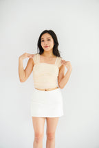 Velisse Mesh Ruched Crop Top in Beige Yellow