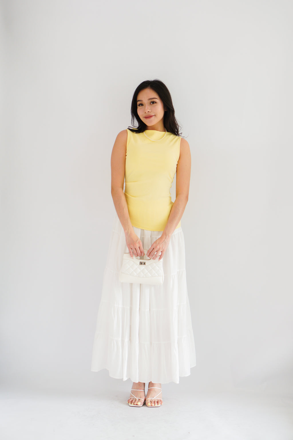 Soleil Basic High Neck Ruched Waist Top in Light Yellow