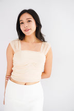 Velisse Mesh Ruched Crop Top in Beige Yellow