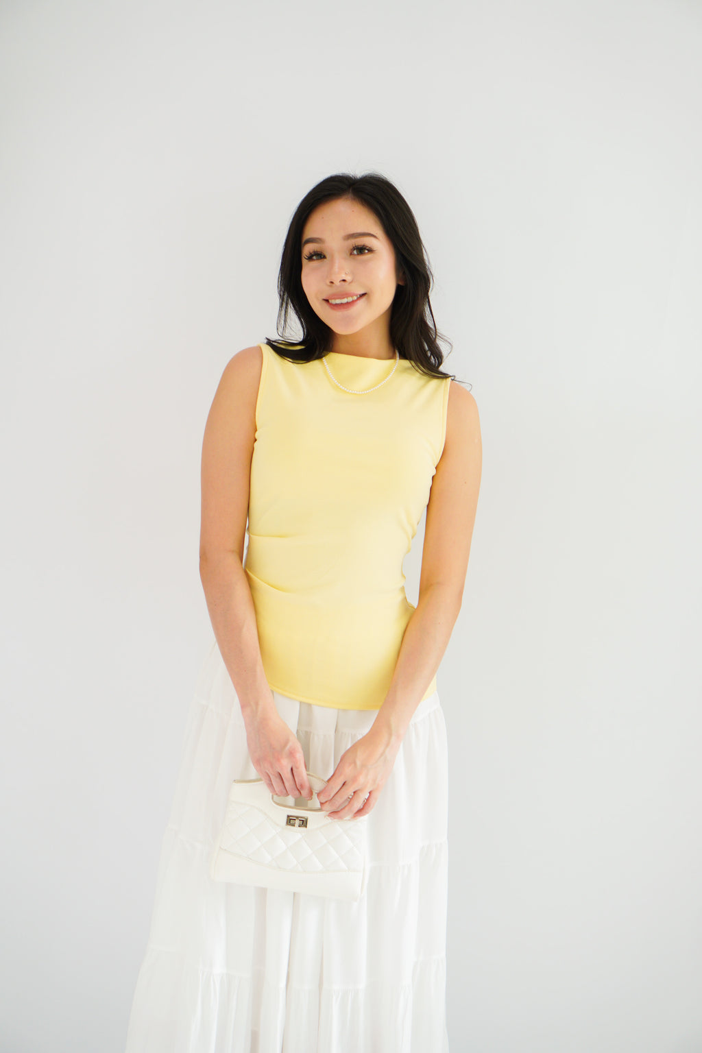Soleil Basic High Neck Ruched Waist Top in Light Yellow