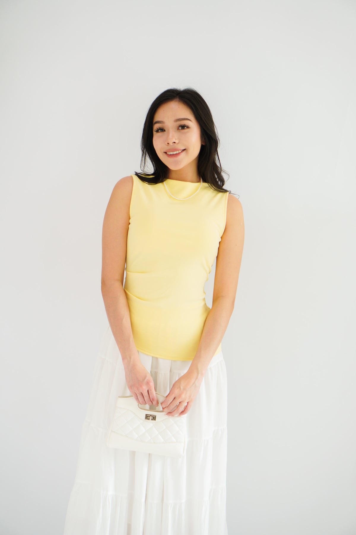 Soleil Basic High Neck Ruched Waist Top in Light Yellow