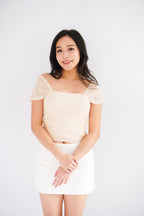 Velisse Mesh Ruched Crop Top in Beige Yellow
