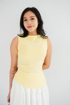 Soleil Basic High Neck Ruched Waist Top in Light Yellow