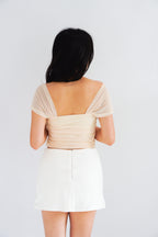 Velisse Mesh Ruched Crop Top in Beige Yellow