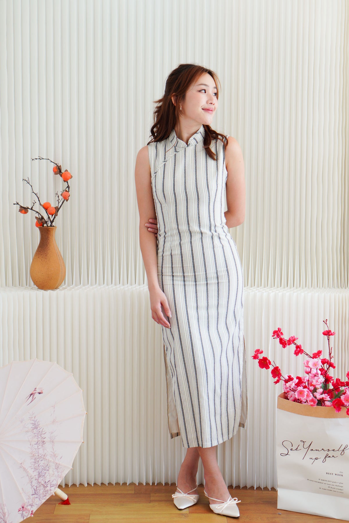 Yu Xian Pinstripes Modern Maxi Cheongsam in Blue and Cream