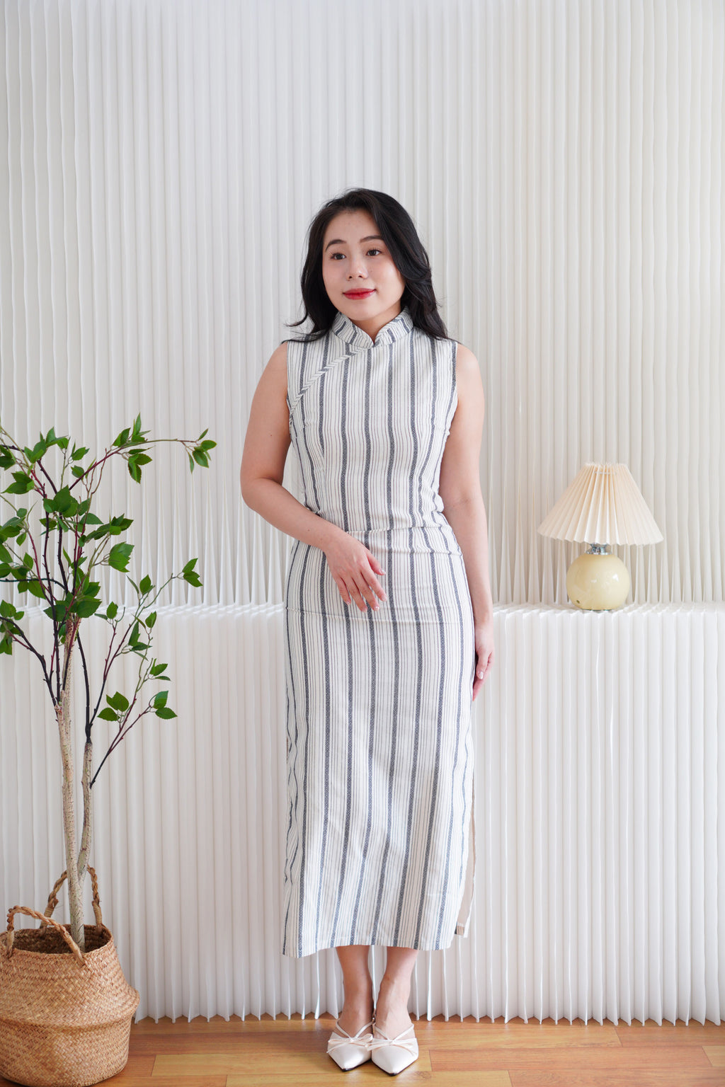 Yu Xian Pinstripes Modern Maxi Cheongsam in Blue and Cream