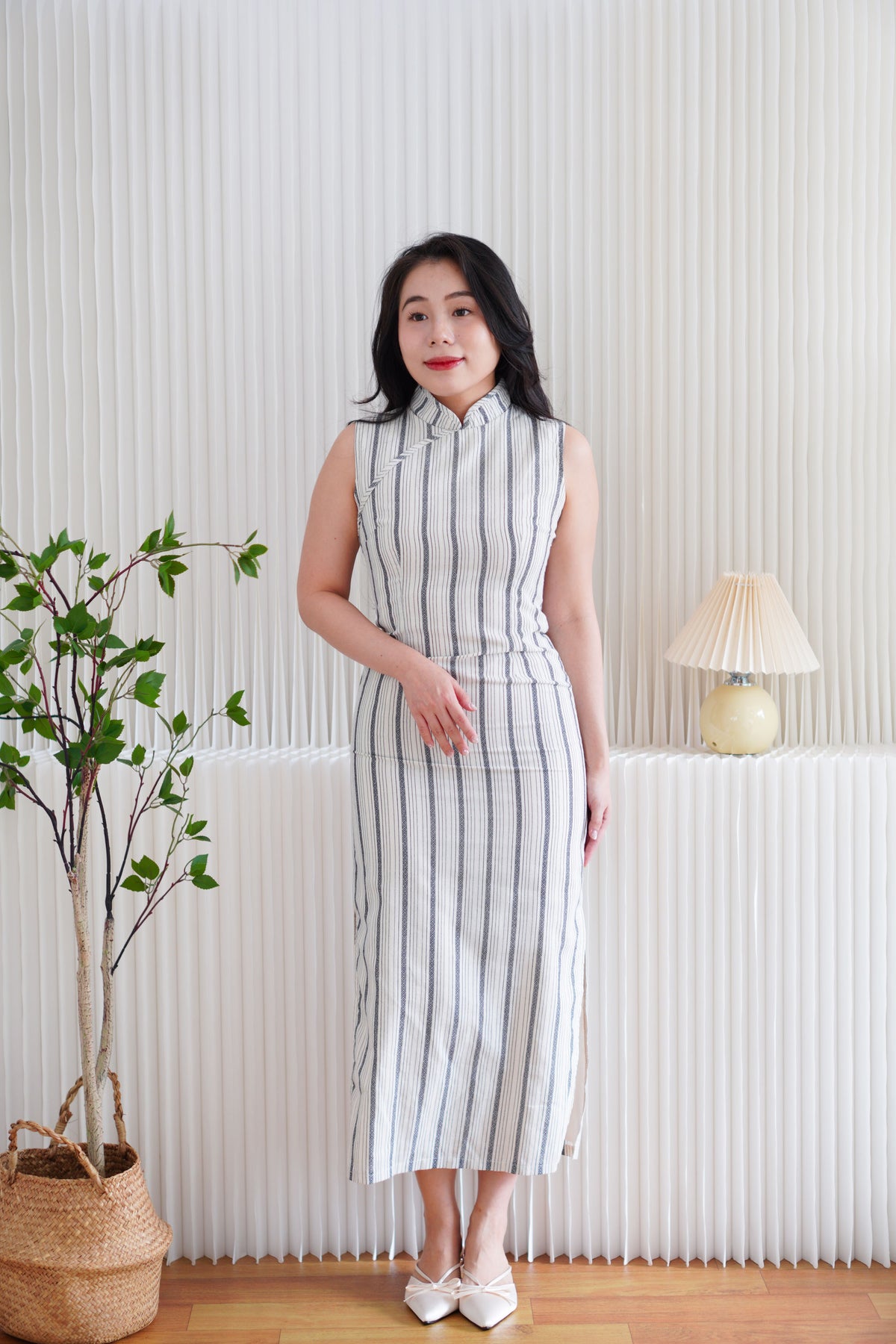 Yu Xian Pinstripes Modern Maxi Cheongsam in Blue and Cream