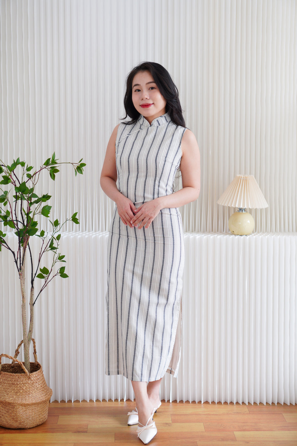 Yu Xian Pinstripes Modern Maxi Cheongsam in Blue and Cream