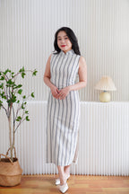 Yu Xian Pinstripes Modern Maxi Cheongsam in Blue and Cream