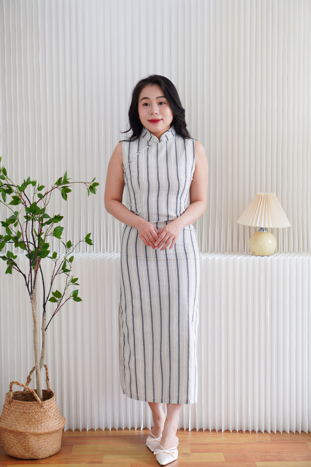 Yu Xian Pinstripes Modern Maxi Cheongsam in Blue and Cream