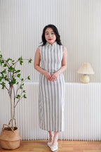 Yu Xian Pinstripes Modern Maxi Cheongsam in Blue and Cream