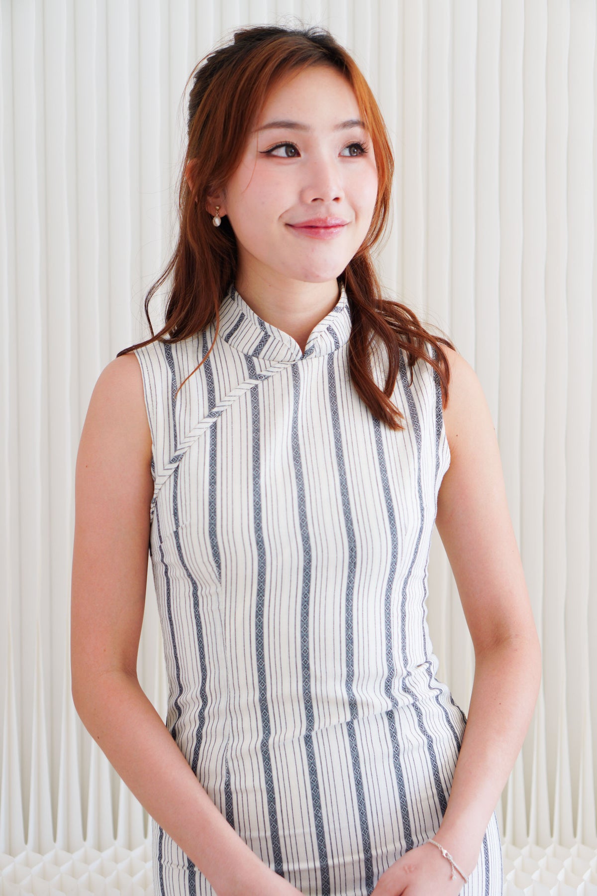 Yu Xian Pinstripes Modern Maxi Cheongsam in Blue and Cream