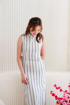 Yu Xian Pinstripes Modern Maxi Cheongsam in Blue and Cream