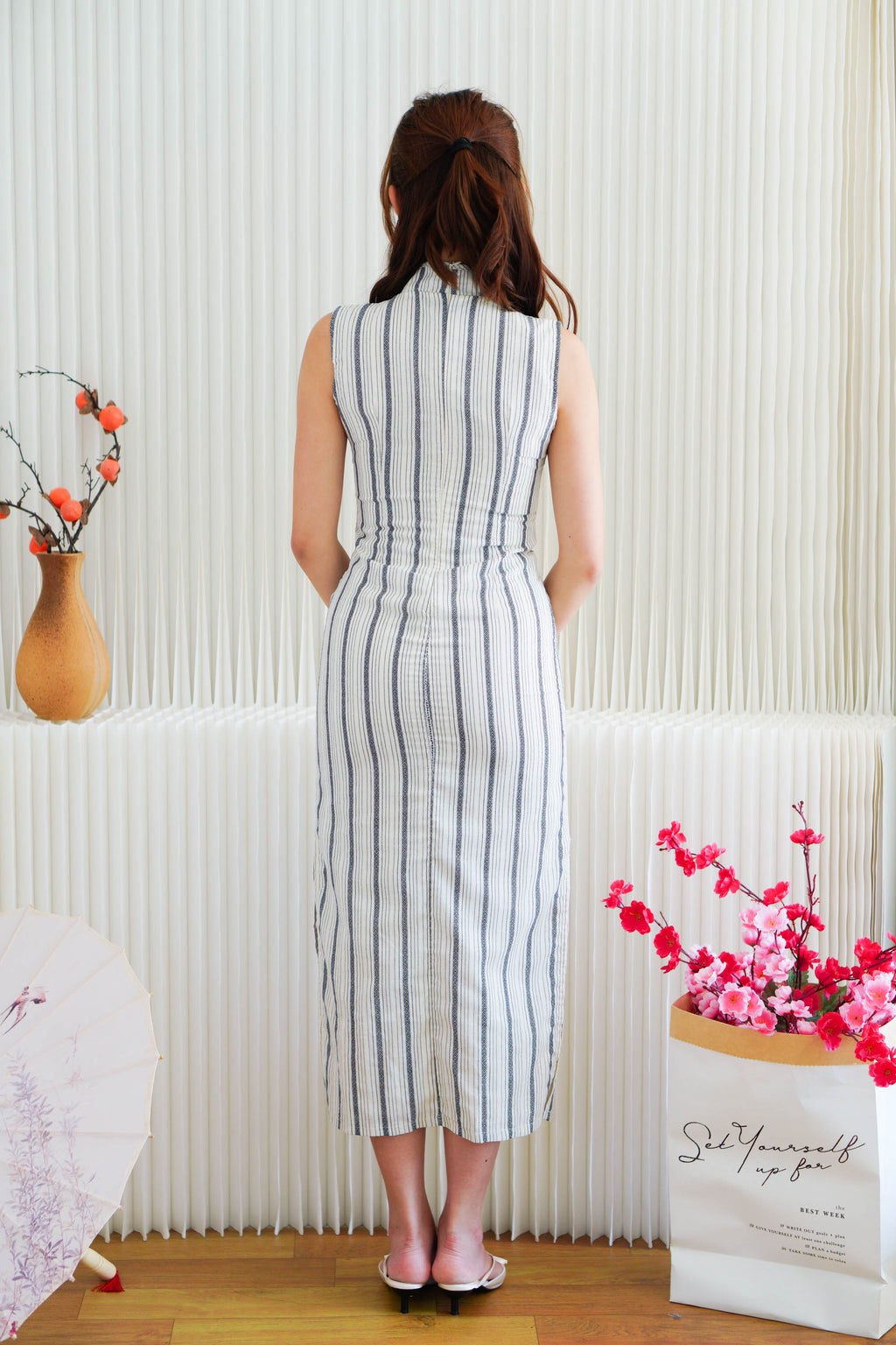 Yu Xian Pinstripes Modern Maxi Cheongsam in Blue and Cream