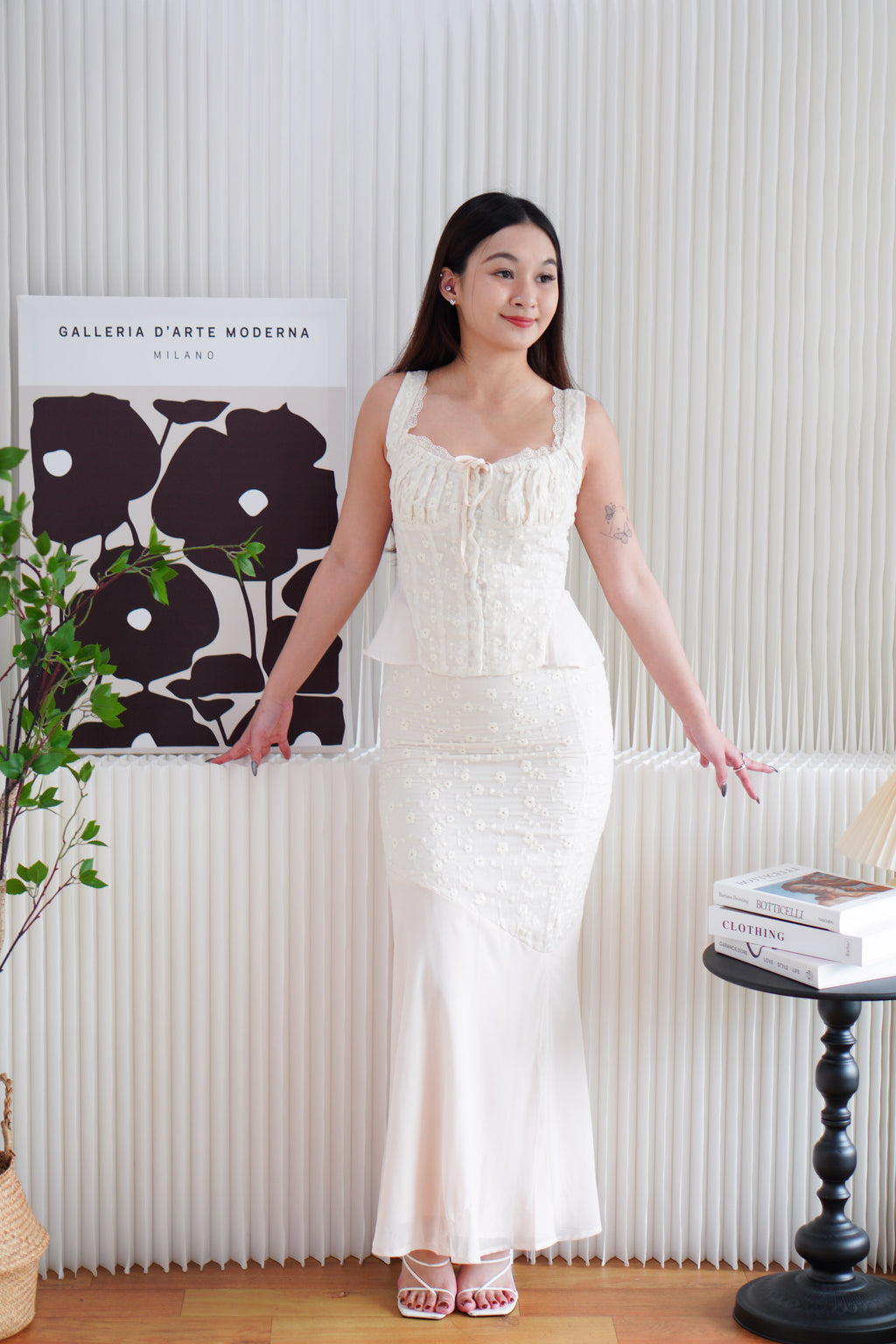 Calyra Floral Lace Fishtail Skirt in Beige