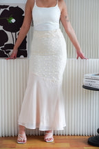 Calyra Floral Lace Fishtail Skirt in Beige