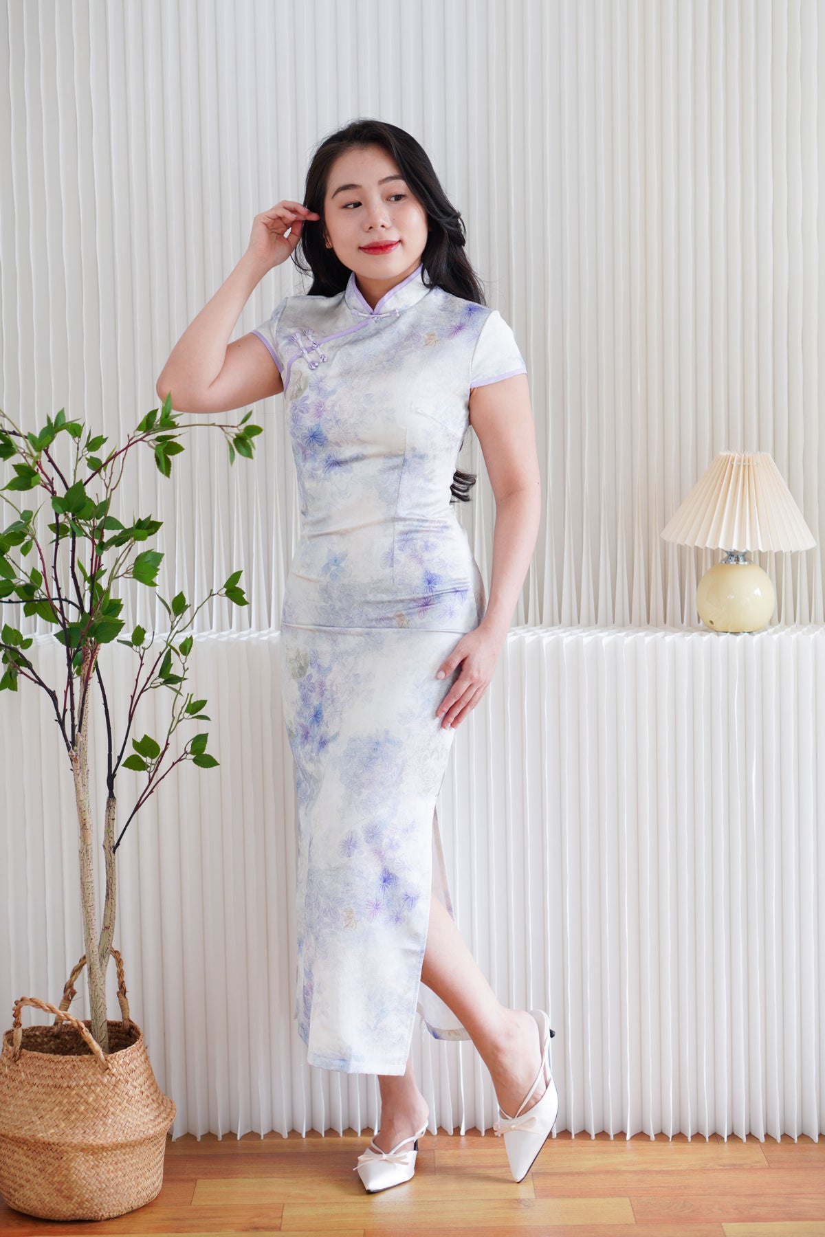 Tang Ning Short Sleeve Floral Maxi Cheongsam in Purple