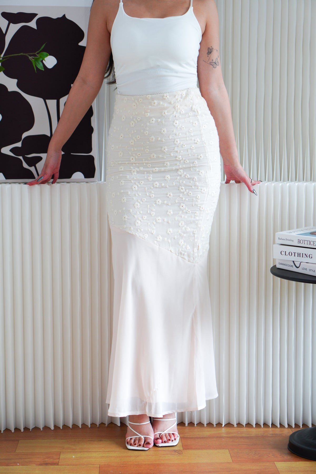Calyra Floral Lace Fishtail Skirt in Beige